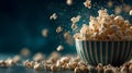Flying Popcorn from Striped Bowl with Dark Background Royalty Free Stock Photo