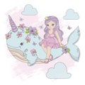 FLYING PRINCESS Unicorn Whale Cartoon Vector Illustration Set