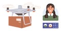 quadcopter delivering package with remote monitoring by smiling woman and control interface Royalty Free Stock Photo