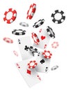 Flying realistic or 3d casino chips and aces cards