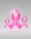 Flying Realistic Pink Ribbons on light gray background. Breast cancer awareness symbol in october. Editable