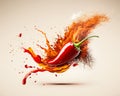 Flying red chili pepper with an explosion of spice powder on a light background. Spice background, splash.