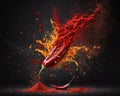 Flying red chili pepper with an explosion of spice powder on a light background. Spice background, splash.