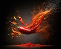 Flying red chili pepper with an explosion of spice powder on a light background. Spice background, splash.