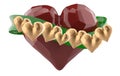 Flying red chopped heart with green ribbon and gold hearts. 3d illustration