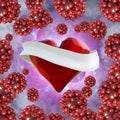 Flying red chopped heart with the white ribbon and the molecular spheres around. Copyspace for text Valentines day 3d illustration