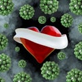 Flying red chopped heart with the white ribbon and the molecular spheres around. Copyspace for text Valentines day 3d illustration