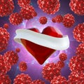 Flying red chopped heart with the white ribbon and the molecular spheres around. Copyspace for text Valentines day 3d illustration