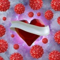 Flying red chopped heart with the white ribbon and the molecular spheres around. Copyspace for text Valentines day 3d illustration