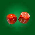 Flying red dice isolated on green background. 3D rendering model illustration Royalty Free Stock Photo