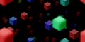 Flying red green blue 3D cubes background. Geometric education color surface. Fly cubes design colored pattern. Happy school Royalty Free Stock Photo