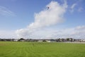 Flying a red kite up into the sky