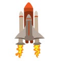 flying red rocket with porthole and flame from three engines. vector illustration