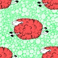 Flying red sheep on a green background with wite curls. dancing sheep. soaring sheep. seamless pattern with sheeps