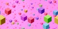 Flying red violet green 3D cubes background. Geometric education color surface. Fly cubes design colored pattern. Happy school Royalty Free Stock Photo