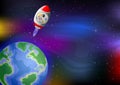 Flying Red White Rocket In Galaxy Space With Earth Planet Cartoon