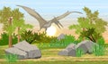 Flying reptile Pteranodon in the sky above prehistoric forest. Prehistoric animals and plants.