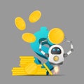 Flying robot holding a gold coin on the background of the dollar sign. Investment and capital increase concept. Vector. Royalty Free Stock Photo