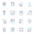 Flying robots linear icons set. Drs, Quadcopters, Hovercraft, Helicopters, Airborne, Unmanned, Aerial line vector and