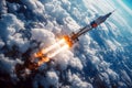 flying rocket into space against background of a blue sky with clouds Royalty Free Stock Photo