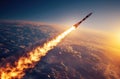 flying rocket into space in space orbit on background of a blue sky Royalty Free Stock Photo