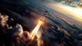 flying rocket into space in space orbit Earth on background of sky Royalty Free Stock Photo