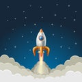 Flying rocket on a starry blue background