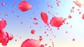 Flying rose petals in the sky with sun. HD 1080. Looped animation