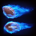 Flying rugby ball in blue fire