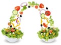 Flying salad ingredients in bowl with tomatoes, onion, olives an