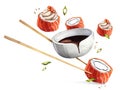 Flying salmon maki sushi set with soy sauce, sesame seeds, onion feathers and chopsticks. Watercolor illustration. Royalty Free Stock Photo