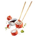 Flying salmon maki sushi set with soy sauce, sesame seeds, onion feathers and chopsticks. Watercolor illustration. Royalty Free Stock Photo