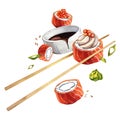 Flying salmon maki sushi set with soy sauce, sesame seeds, onion feathers and chopsticks. Watercolor illustration. Royalty Free Stock Photo