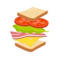 Flying sandwich ingredient, isolated on white background. Putting together a cheese and ham sandwich