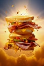 Flying sandwich. Flying layers of sandwich. Well roasted patty, Ham, cheese and vegetables between two halves of an. American