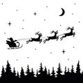 Flying Santa Claus in a sleigh, silhouette for Christmas decoration. Winter forest, snow and stars, beautiful background Royalty Free Stock Photo