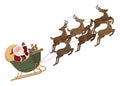 Flying Santa in a sleigh with deer. Christmas illustration of Santa Claus in a cart and a bag of gifts. New Year