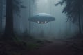 flying saucer aliens in a gloomy cold foggy forest Royalty Free Stock Photo