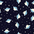 Flying saucer in dark cosmos space pattern background. Space ship or ufo in night cosmos seamless pattern background.