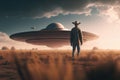 Flying saucer flies in sky over silhouette of man standing in field. Invasion of extraterrestrial intelligence on an Royalty Free Stock Photo