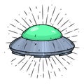 Flying saucer. Hand drawn vector illustration with a UFO and divergent rays.