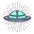 Flying saucer. Hand drawn vector illustration with a UFO and divergent rays.