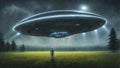 Flying saucer hovering over a green meadow. Colorful scifi illustration in high resolution