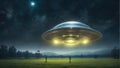 Flying saucer hovering over a green meadow. Colorful scifi illustration in high resolution