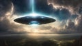 Flying saucer with light beam in the sky. Ufo illustration of et Aliens