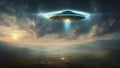 Flying saucer with light beam in the sky. Ufo illustration of et Aliens