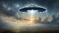 Flying saucer with light beam in the sky. Ufo illustration of et Aliens