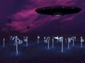 UFO flying at night on another planet over strange plants. Royalty Free Stock Photo