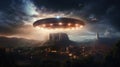 Flying saucer over ancient compound, Unidentified Flying Object design, UAP. Generative ai