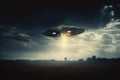 Flying saucer over the field at night. UFO in the sky. 3d rendering, Invasion of extraterrestrial. Alien abduction, Ai Generated Royalty Free Stock Photo